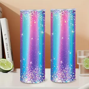 1pc 20oz Stainless Steel Tumbler with Lid & Straw - Insulated Colorful Glitter Water Bottle, Gradient Pink to Blue Starry Night Design, Durable 304 Steel for Hot/Cold Drinks, Office, Travel, Holiday Gifts for Women, Mom, Christmas