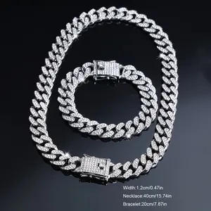 2pcs Men'S Black Cuban Link Chain Necklace and Bracelet Set, Hip Hop Street Style Zinc Alloy Jewelry, with Rhinestone Detailing, for Boyfriend, Son, Dad