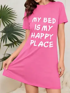 Women's Sleepwear Loungewear Letter Print Short Sleeve Nightdress, Comfortable Lazy Casual Style Valentine's Day Gift, Perfect for Festive Occasions