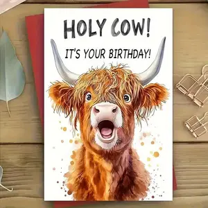 Highland Cow Birthday Card with Envelope, 1 Count Funny Cow Birthday Card, Greeting Card, Birthday Gift for Family, Friend, Cow Lovers, Custom Art Card, Custom Message Card, Fun Party Cards, Funny Dad Card, Envelope Postcard