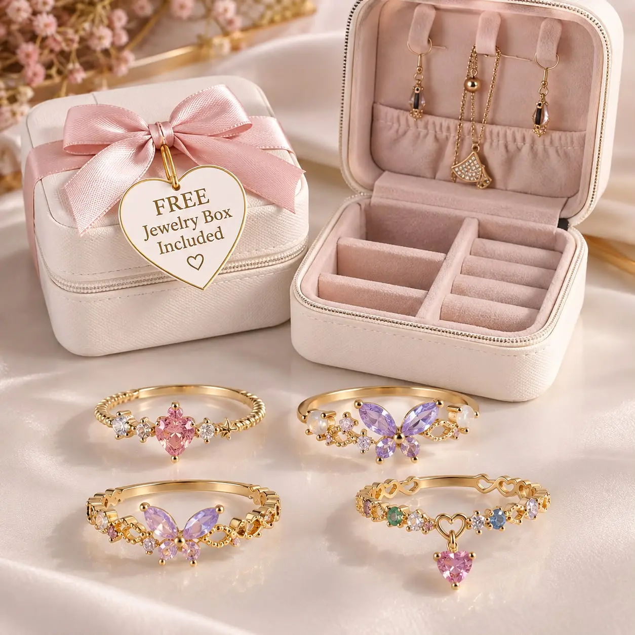 4-Piece Gold-Plated Ring Set for Women with Purple, Pink & Colorful Gemstones – Free Jewelry Box Included