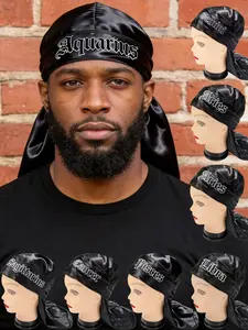 1pc Men's Zodiac Embroidered Satin Durag, West Coast Gangsta Hip Hop Pirate Style Long Tail Head Wrap, Fashion Headwrap  Casual Hair Accessory for Daily Styling/Outdoor Trips/All Seasons