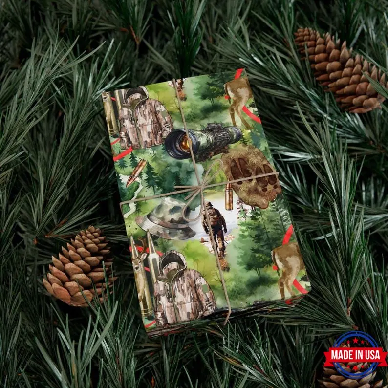 Hunting theme Holiday or Birthday Gift Wrap Papers, featuring deer, ammo, and camo
