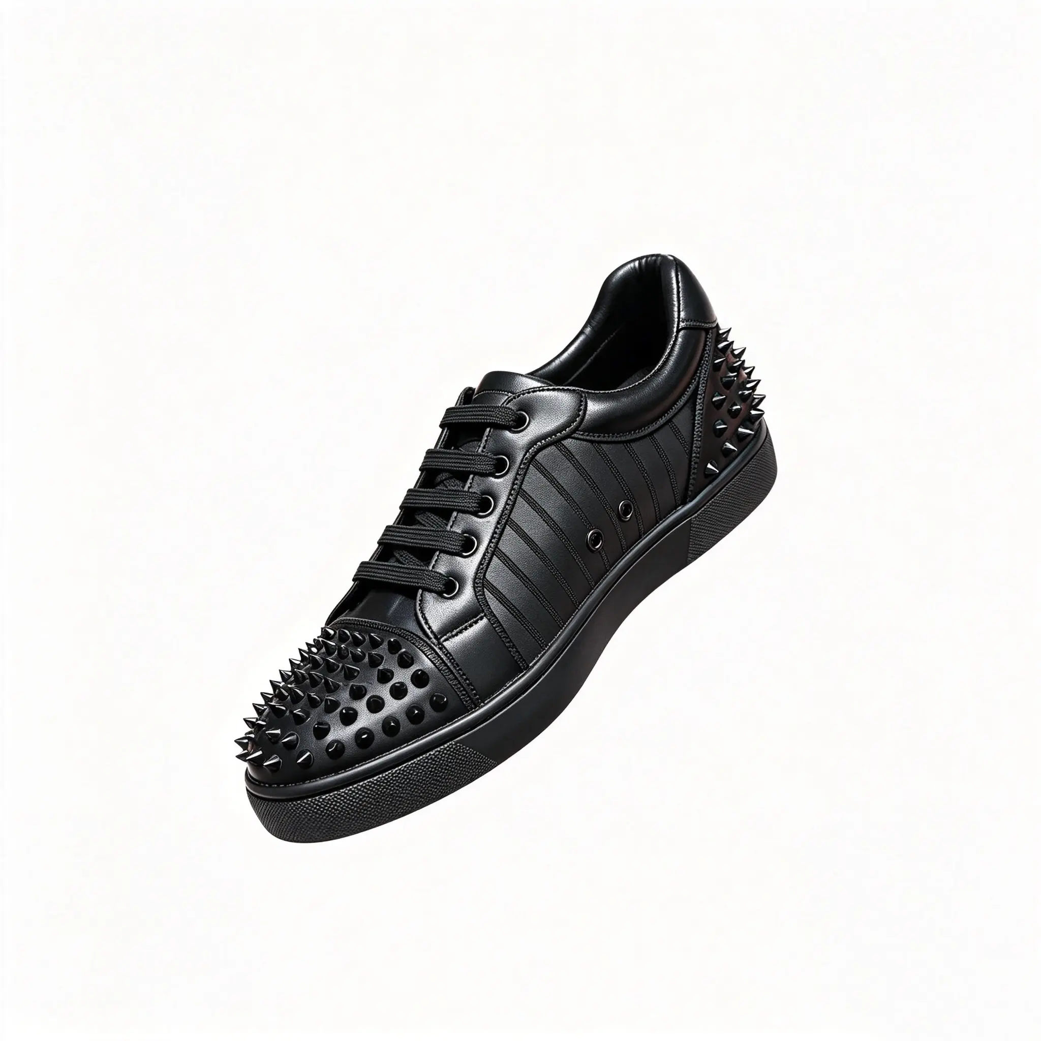 Men's Black Leather Lace-Up Studded Low-Top Sneakers - Breathable, Shock-Absorbing Casual Street Walking Shoes