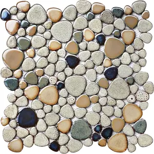 Pebble Stone Mosaic Tiles 5 Sheets, Beige Tan Brown Ceramic Mosaic Sheets Mesh Mounted 12x12, Glazed Porcelain Tile for Shower Floor Kitchen Bathroom Accent Wall Backsplash ?5 Sheets?
