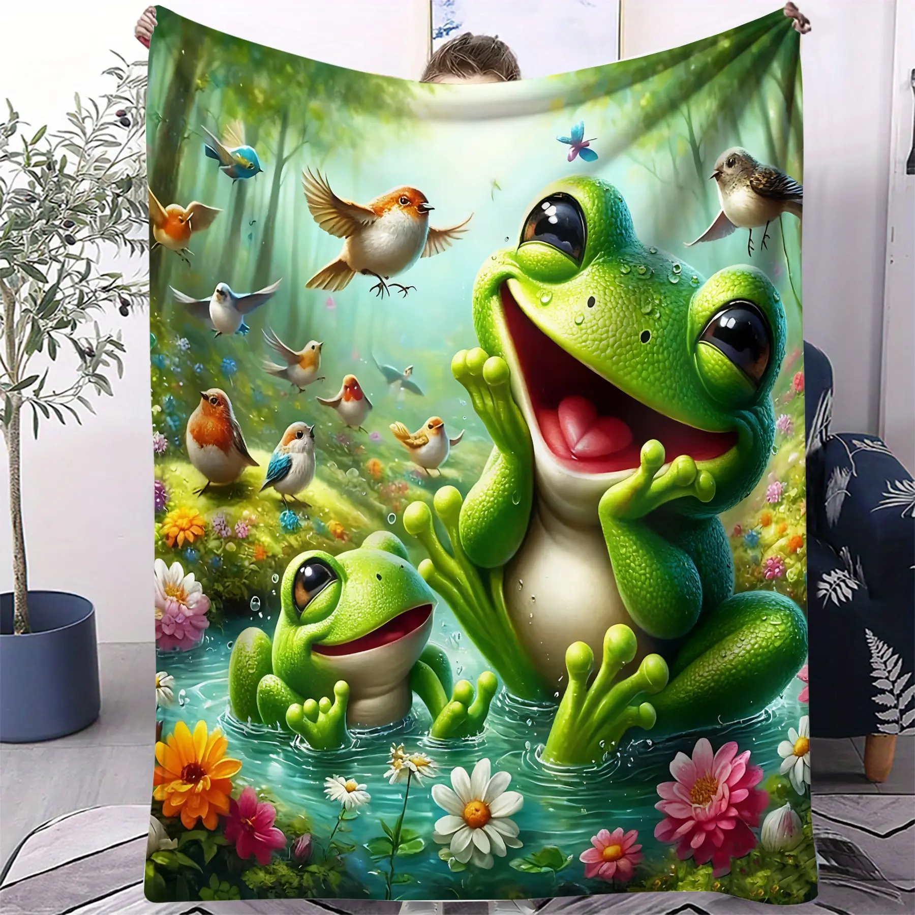 Fresh, Forest-themed Flannel Blanket Features A Cute Frog And Birdsong Floral Pattern, Flannel Throw Blankets, Perfect For Office Lunch Breaks, Living Room Sofas, It Creates A Comfortable Atmosphere And Makes A Great Gift, Blanket Gifts