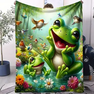 Fresh, Forest-themed Flannel Blanket Features A Cute Frog And Birdsong Floral Pattern, Flannel Throw Blankets, Perfect For Office Lunch Breaks, Living Room Sofas, It Creates A Comfortable And Cozy Atmosphere And Makes A Great Gift