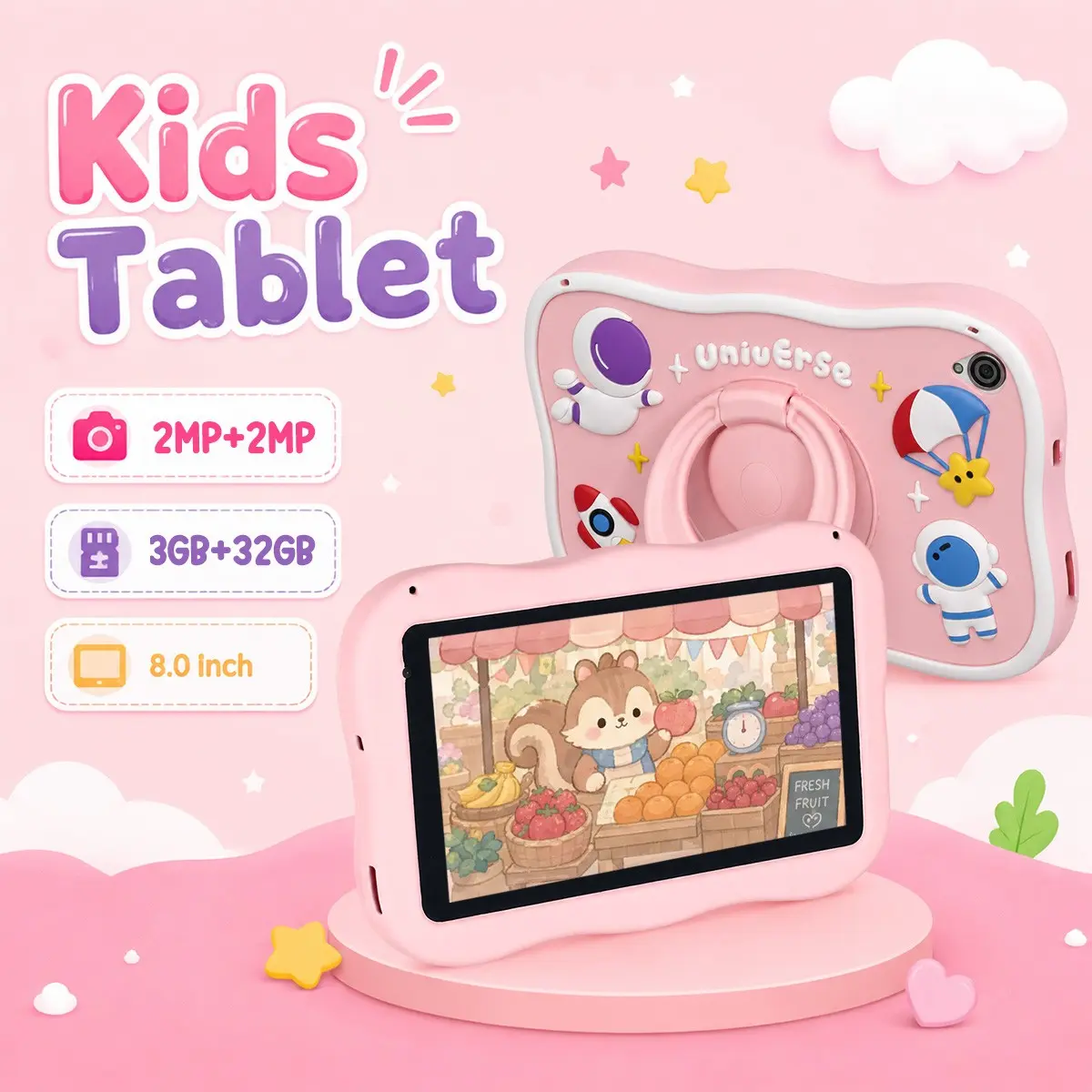 8-Inch Android 10 Kids Touchscreen Tablet, 3gb+32GB Storage, Parental Control, Web Browsing, Learning Games, Drawing Tools, Music Player, E-Reader, Shockproof Case, Dual Cameras