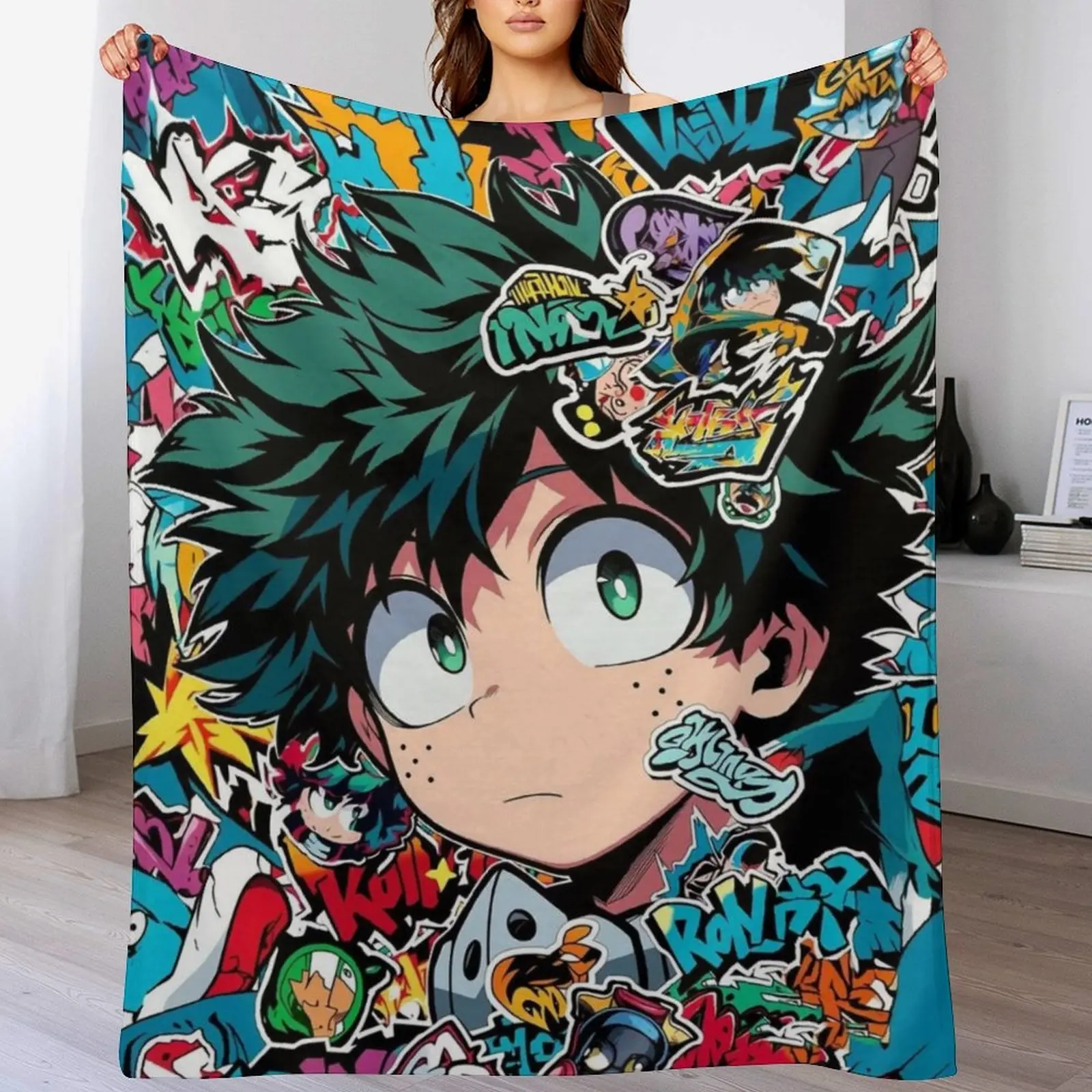 My Hero Academia Izuku Midoriya Deku Graffiti Anime Throw Blanket, Soft Flannel Deku Blanket, Cozy Anime Decor for Couch Bed, Anime Lover Gift