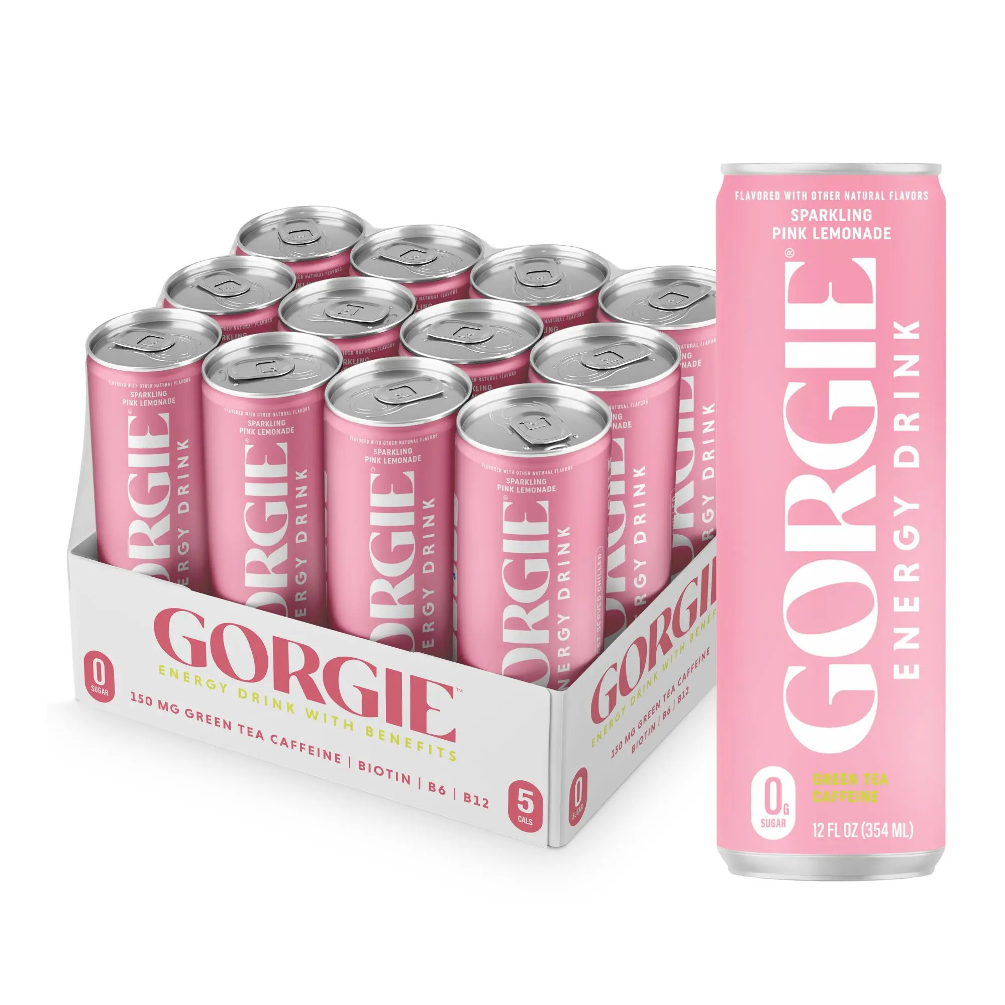 GORGIE Sugar Free Natural Energy Drinks, Sparkling Pink Lemonade (12 Pack) - Healthy Energy Drinks - Natural Coffee Replacement with Green Tea Caffeine and Biotin - 150mg Caffeine, Vegan, & Low Calorie Beverage
