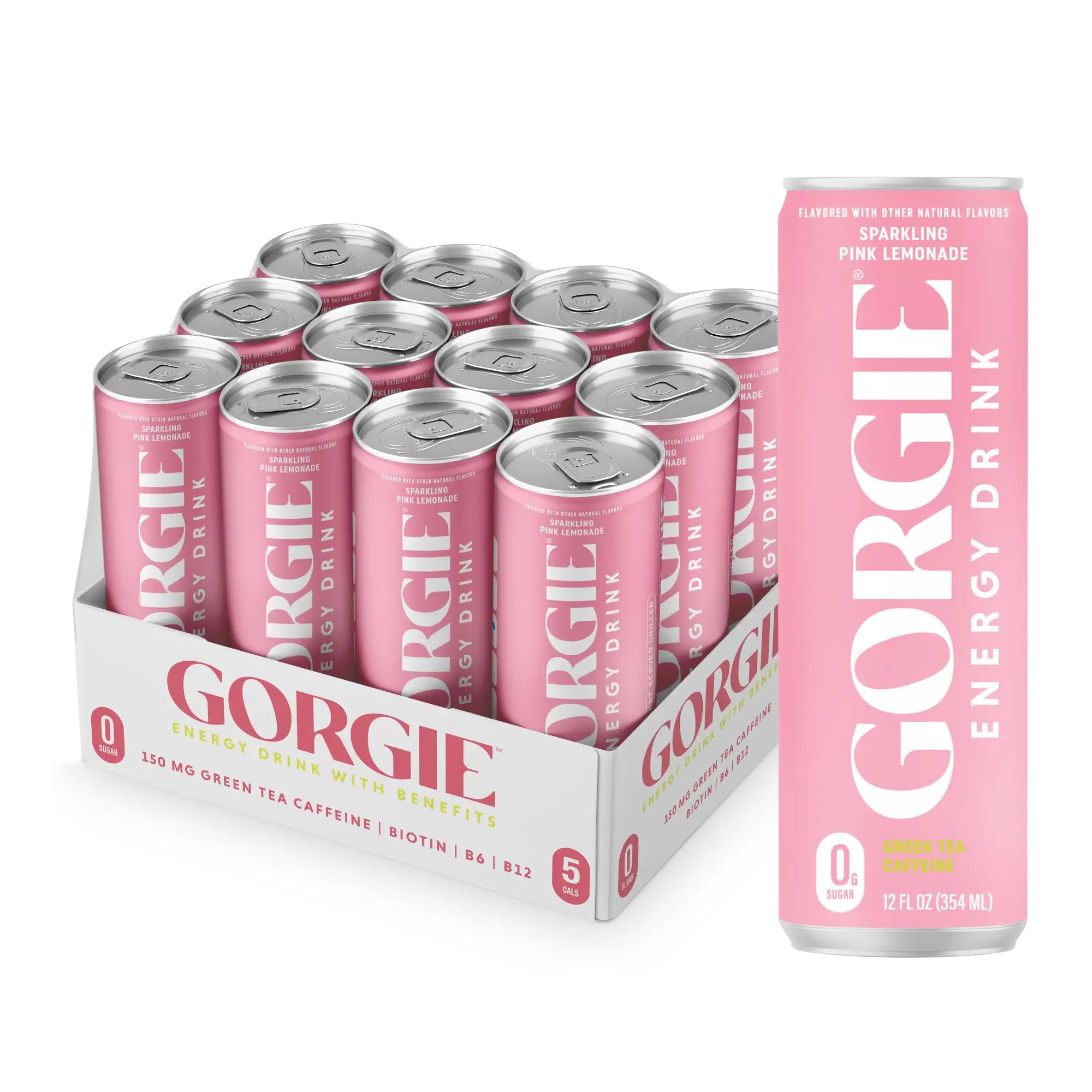 GORGIE Sugar Free Natural Energy Drinks, Sparkling Pink Lemonade (12 Pack) - Healthy Energy Drinks - Natural Coffee Replacement with Green Tea Caffein