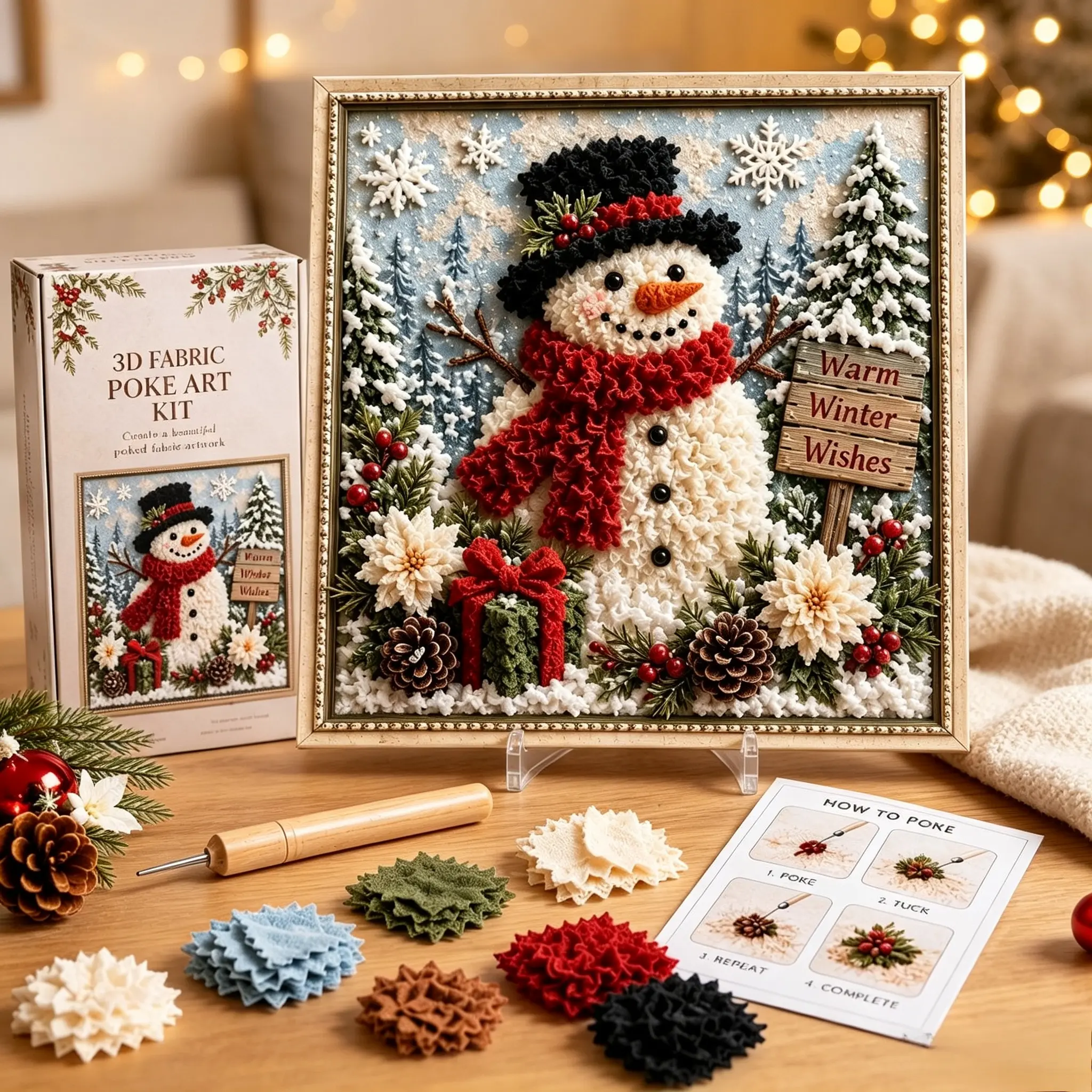Beginner-Friendly Festive 3D Fabric Poke Art Kit, DIY Christmas Snowman Craft Kit with Punch Needle Tool, Fabric Pieces & Accessories, Winter Holiday Home Decor for Beginners