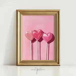 Valentine Hearts Printable Wall Art – Pink Candy Lollipop Painting, Cute Romantic Kitchen Decor