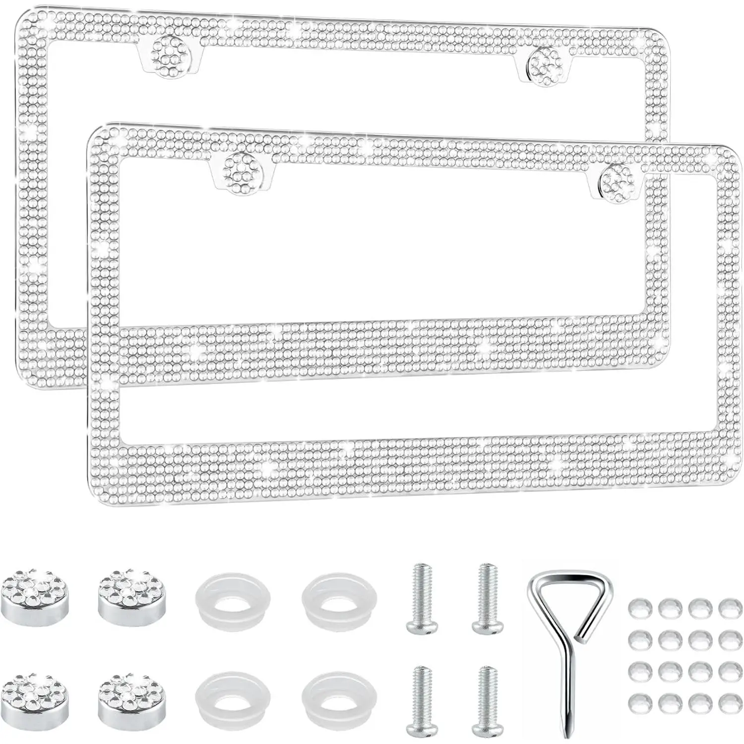Bling License Plate Frames for Women, 2 Pack Handcrafted Sparkly Rhinestone  Accessories,  Stainless Steel Frame with 1000+ Faceted Glass  & Free Glitter Caps (White)