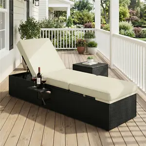 Costoffs Cushioned Rattan Lounge Chair with Built-in Side Table, 5-Position Reclining Chaise for Poolside Retreat, Black/Beige