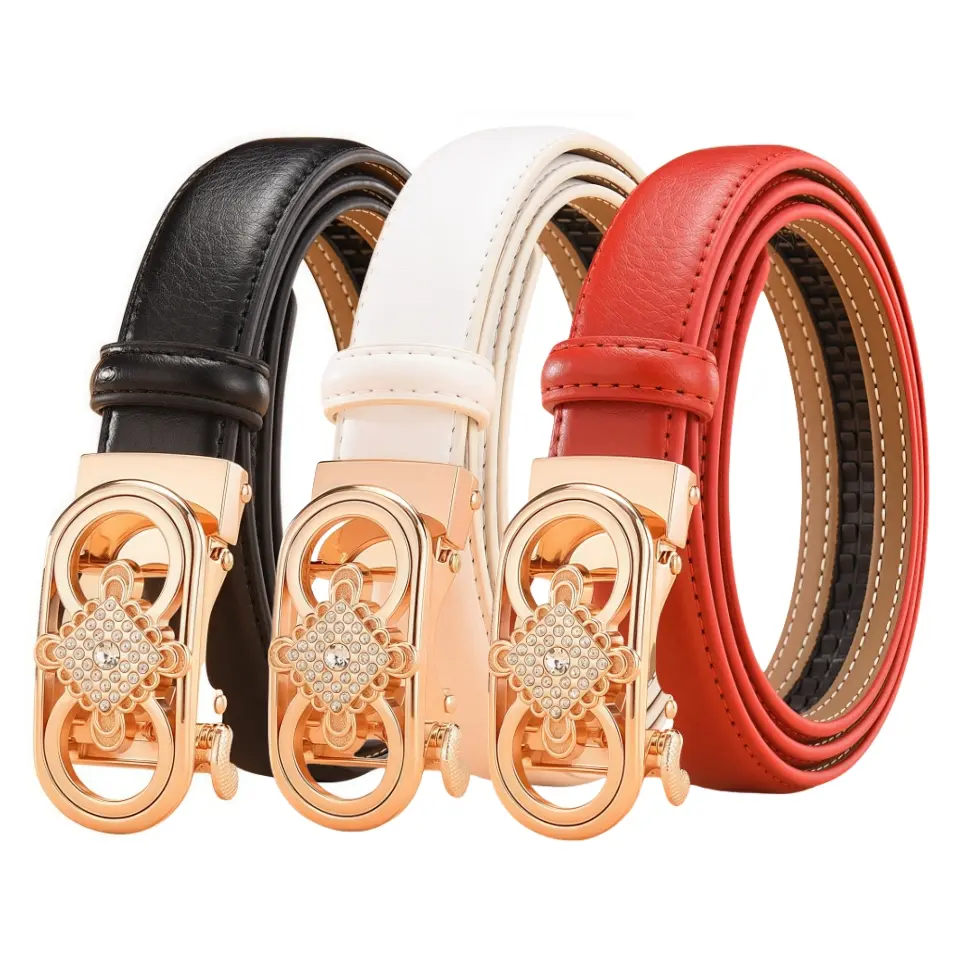 Rhinestones Women's Fashion Chinese Knot Classic Metal Buckle Leather Belt with Jeans Dress, PU Leather, Automatic Buckle