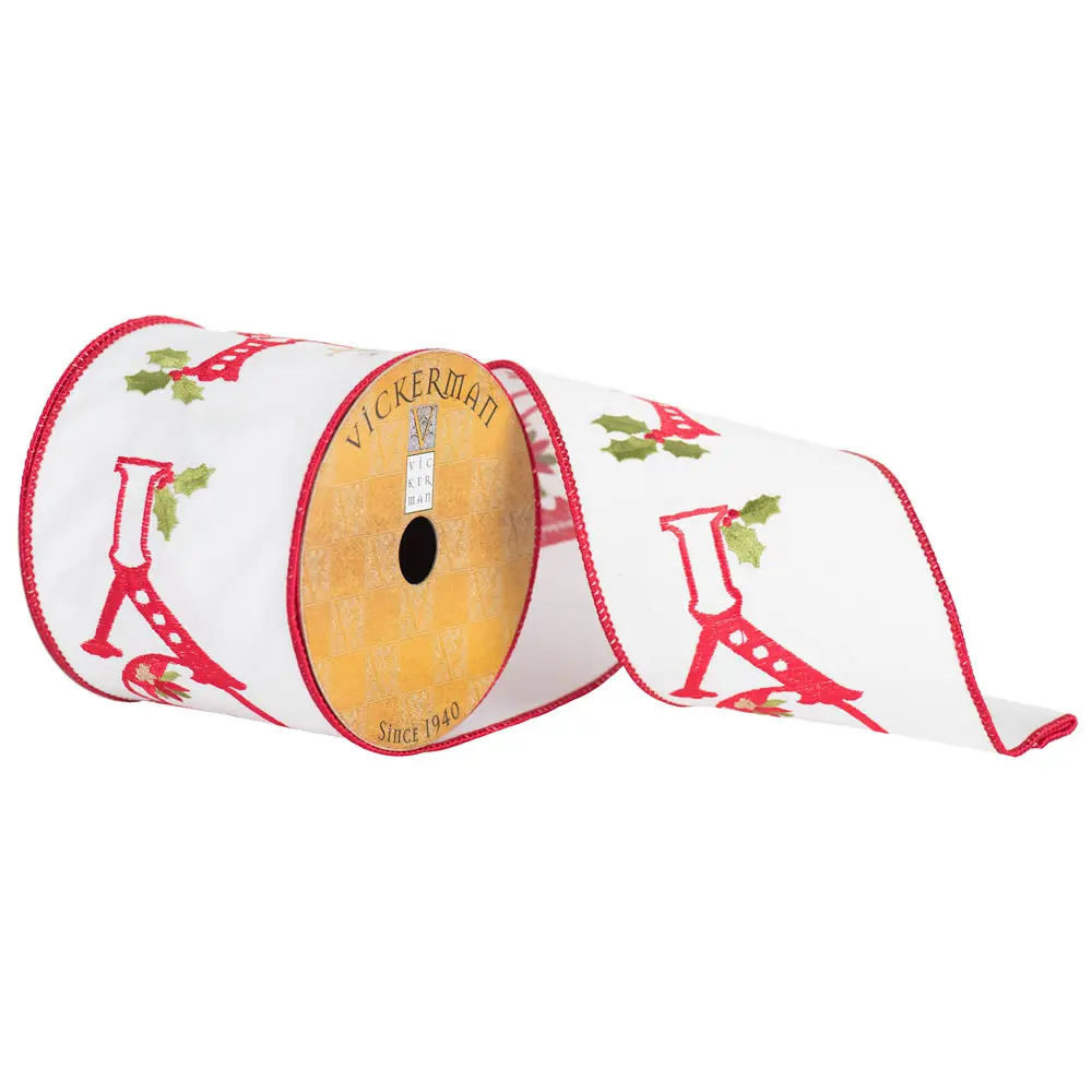 4 in. x 10 Yard White & Red Holly Berry Embroidery JoyWired Ribbon
