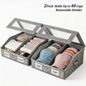 TAYTUU 2 Pack Large Hat Storage for Baseball Caps-Holds Up to 24-48 Caps, Hat Organizer for Closet Stackable Hat Box with Cardboard, Dustproof, Removable Velcro Divider, Baseball Cap Organizer with 2 Handles for Home Organizer, Cowboy Hats shapesaver