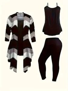 Casual Three-piece Set, Color Block Open Front Top & Solid Color Cami Top & Pants Outfits, Women's Spring Clothing