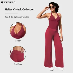 YEOREO Halter Yoga Series Available in Single Top or 2-Piece Set  Padded V-Neck Longline Bra & Flare Pants Soft Backless Activewear