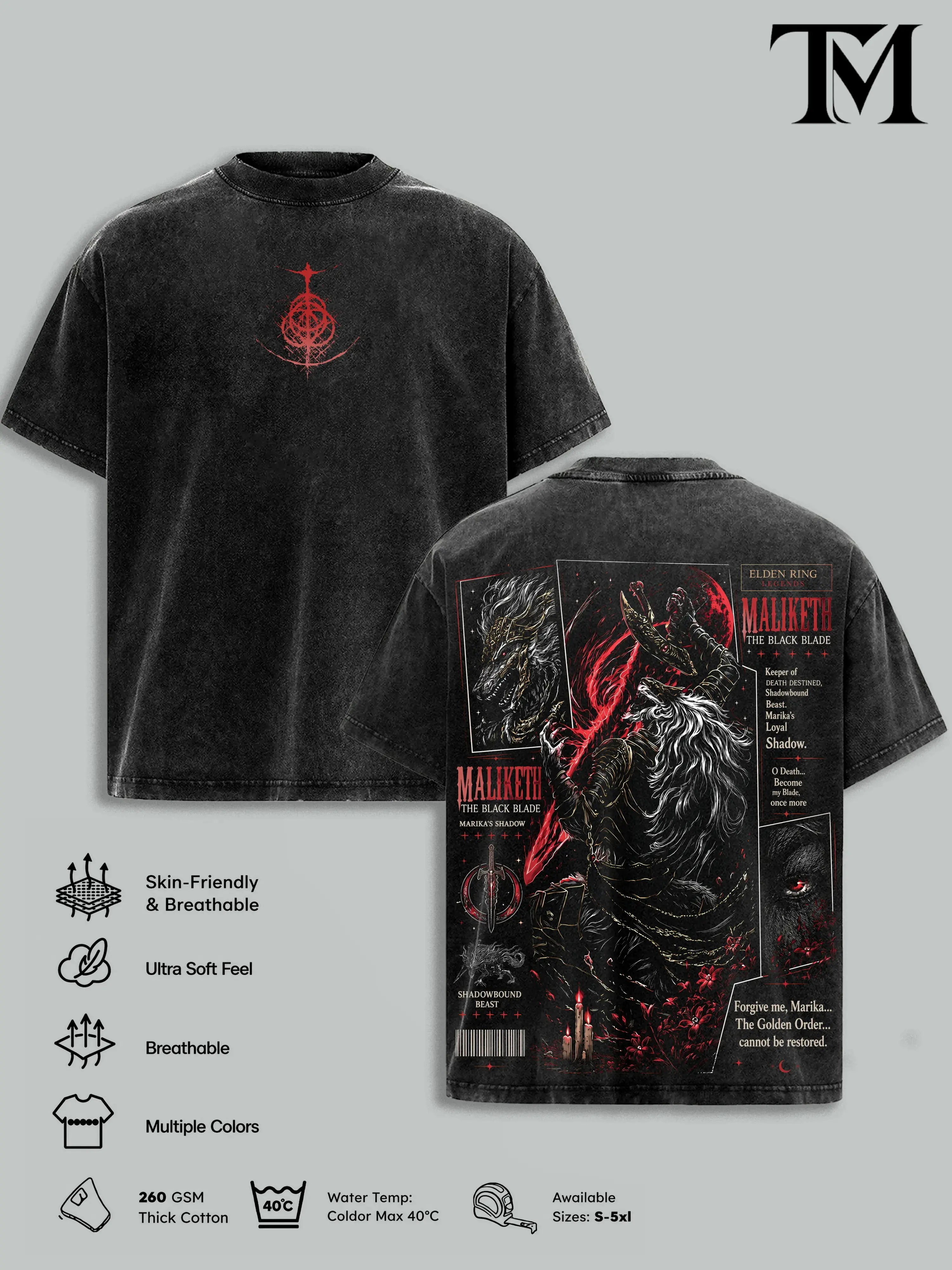 Men's 5-Design Elden Ring Vintage Washed Oversized T-Shirt - Ranni, Malenia, Radahn, Maliketh Dark Fantasy Full Print Tops, Asymmetric Chic Look Fake Pockets Heavyweight Cotton FromSoftware Soulslike RPG Streetwear Gamer Merch Gift
