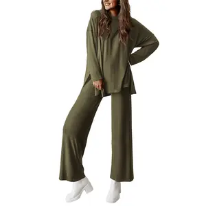 PrettyGarden Women's 2-Piece Lounge Set Crew neck Long Sleeve Wide Pants Spring Outfit Split Degign Loose Fitting with Elastic Waistband and Pockets