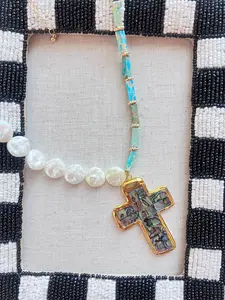 Abalone Shell Cross Pendant Beaded Necklace