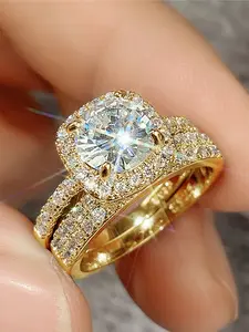 2 Pcs/Set Gorgeous Cubic Zirconia Ring Set For Women For Wedding Engagement Anniversary Party Band Jewelry Valentine's Day Gift