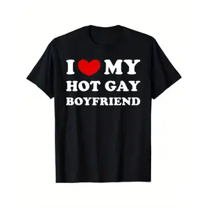 Women's Cotton Graphic T-Shirt - "I Love My Hot Gay Boyfriend" Print, 220g Fabric