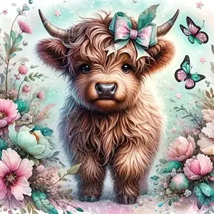 5D Diamond Painting Set, Full Diamond Round Canvas Mosaic Craft, DIY Highland Cow and Butterfly Flower Art, Home Decoration, Diamond Painting Kit