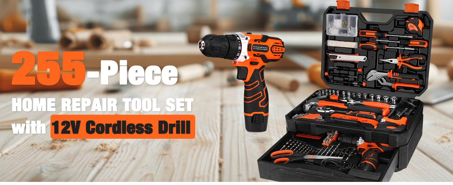 255-Piece Tool Set - Tool Kit with 12V Cordless Drill Driver, Toolbox Storage Case with Drawer, General Household Drill Set for DIY Projects, Home Repairs, Handyman