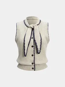 Spring Autumn Colorblock Navy Collar Button Vest Cardigan, Fashion Elegant Versatile Sweater Vest, Stylish Knitwear for Women, Knit Vest Tops