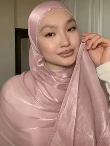 Long Fashion Rhinestone Trimmed Silk Scarf, Breathable Outdoor Headscarf, Hijab For Muslim, Casual Wear Accessory, Perfect Birthday Gift