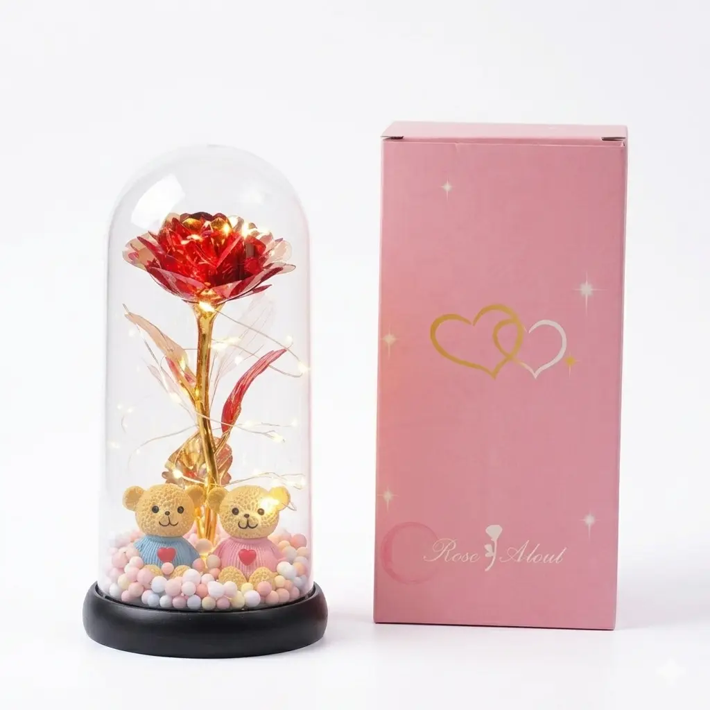 Teddy Bear And Glowing Rose Night Light With Gift Box – Valentine‘s Day Present for Girlfriend,Romantic Gift,Artificial Flowers Decorative Lamp, Best Friend Birthday Gift, Graduation Gift, Bedroom & Home Decor valentine