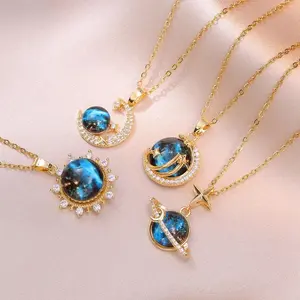 Blue Planet Necklace Stainless Steel Dainty Zirconia Saturn Planet Space Earth Necklace Globe on the Moon New In Jewelry Collar