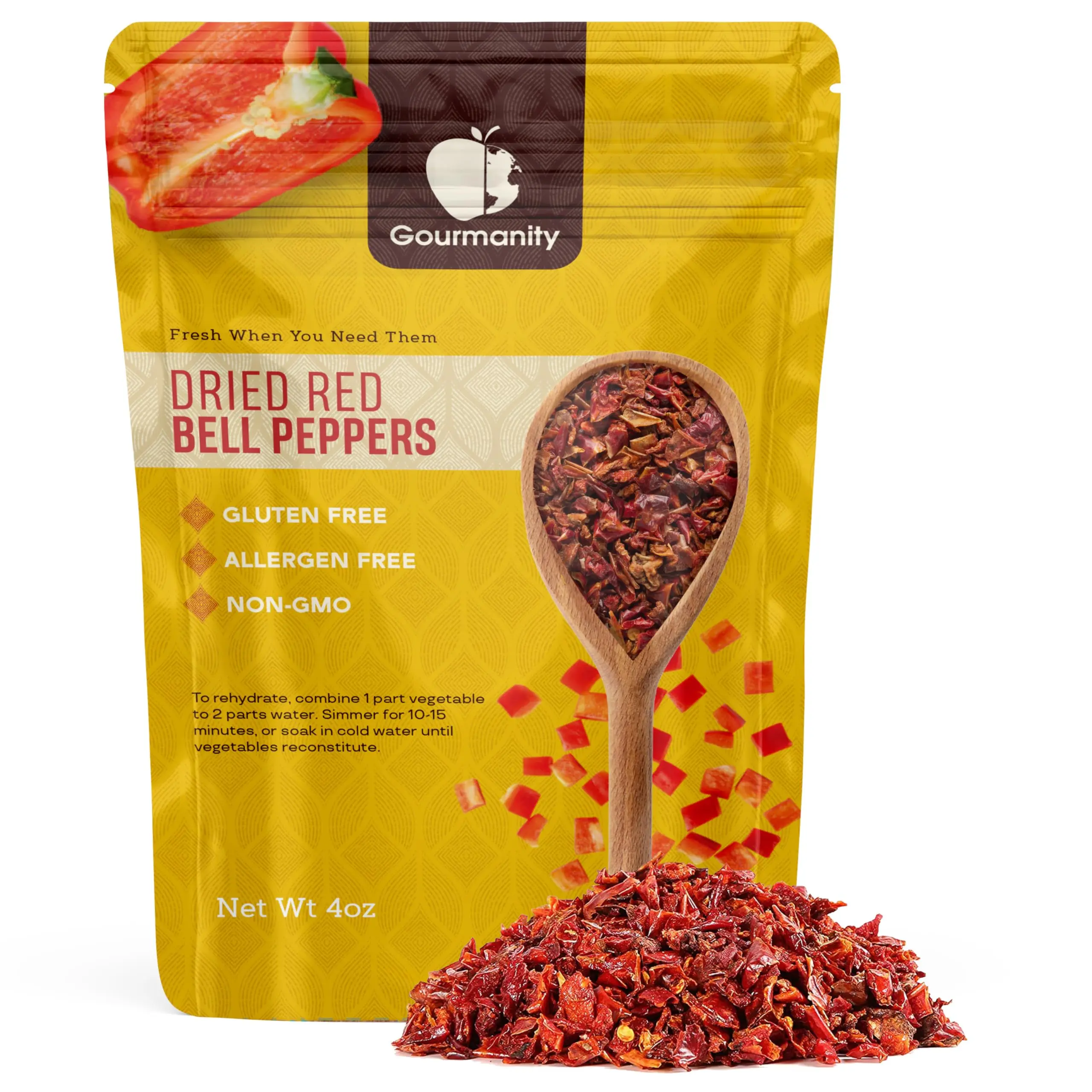 Gourmanity Dried Red Bell Peppers Diced 4oz Resealable Bag for Ramen Soups Stir-Frys Stews All Natural Flavorful Toppings