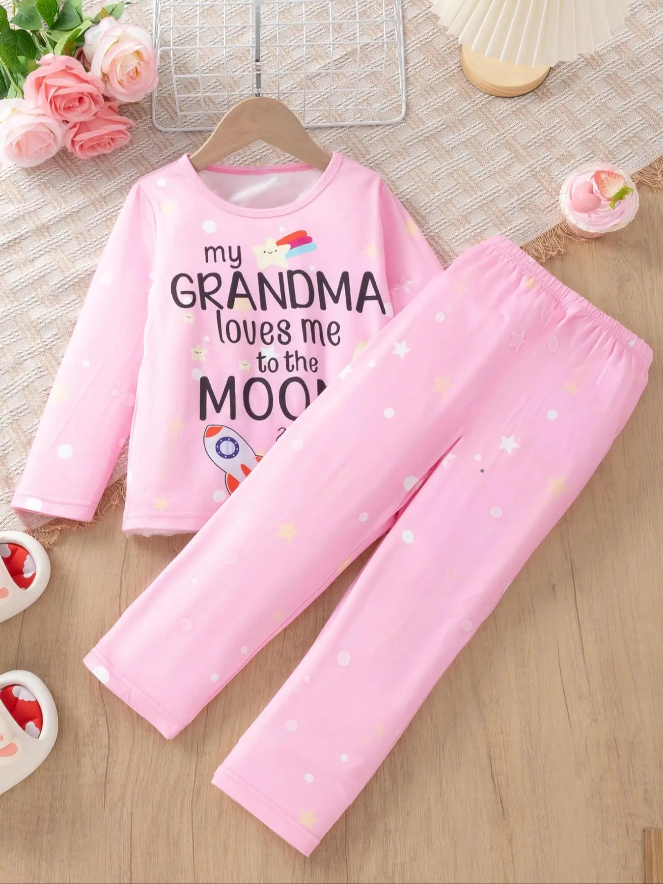 Two-piece Set Girl's Cartoon Rocket & Letter Print Top & Pants Set, Casual Round Neck Long Sleeve Top & Trousers for Fall & Winter, Kids Clothes for D