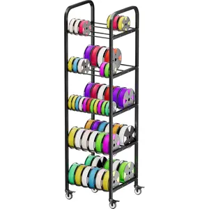5-Tier 3D Printer Filament Storage Rack with Wheels, Rolling Spool Holder Stand Cart, Holds up to 60*1kg Spools, Heavy Duty Metal Filaments Organizer Shelf for Printing Studio Office Workshop