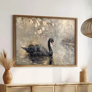 Elegant Black Swan Poster Wall Art, Romantic Gift for Anniversary Wedding, Living Room Bedroom Decor, Vintage Blossom Lake Scene with Soft Reflection and Artistic Texture