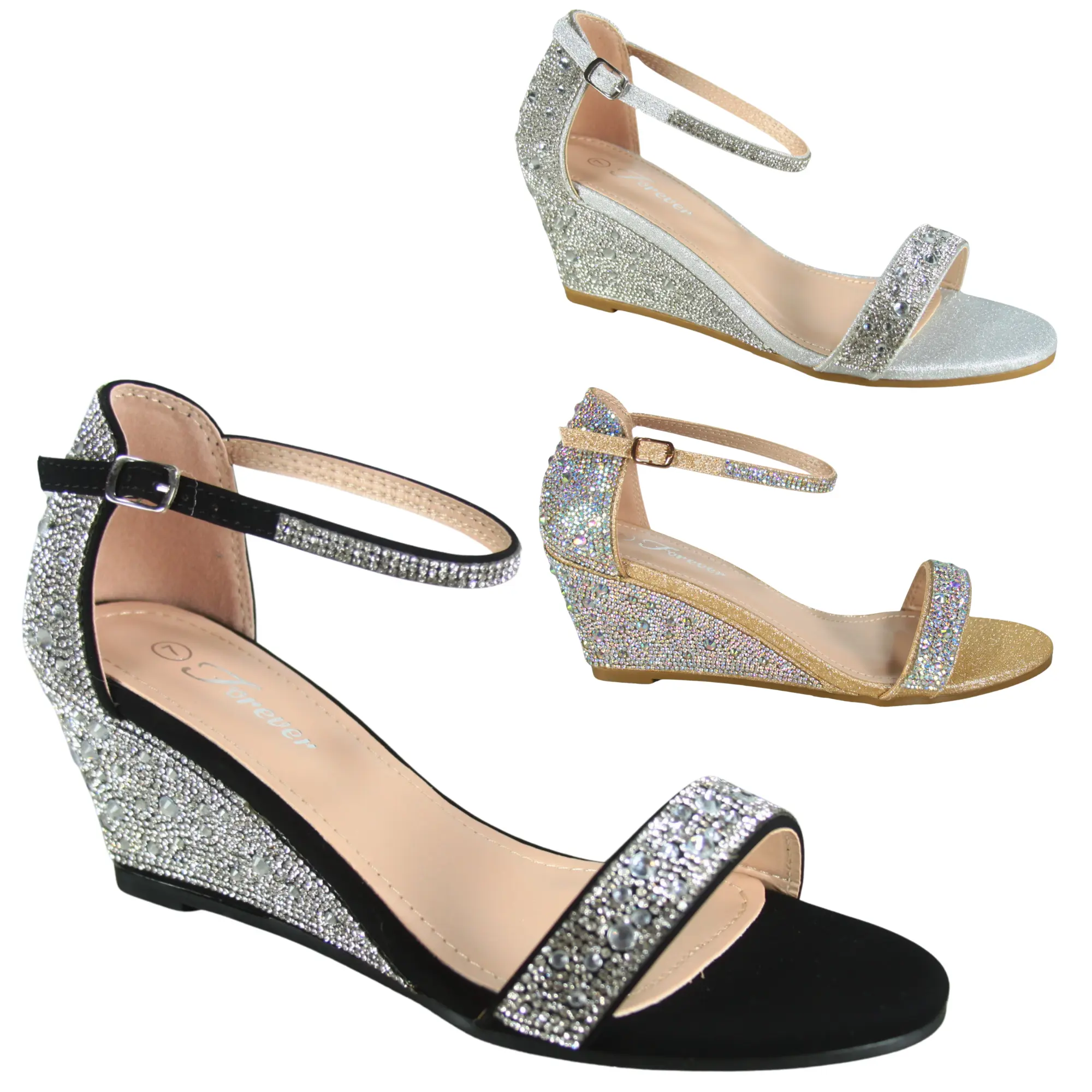 Women’s Rhinestone Wedge Sandals Open Toe Ankle Strap Dress Shoes Low Heel Sparkly Evening Party Sandals Elegant