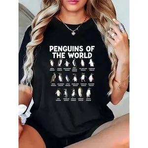 Women's Penguins of the World Graphic T-Shirt, Educational Penguin Species Print, Casual Animal Lover Tee for Daily Wear, Zoo Visits, Perfect Gift for Penguin Enthusiasts 100% Cotton T-shirt