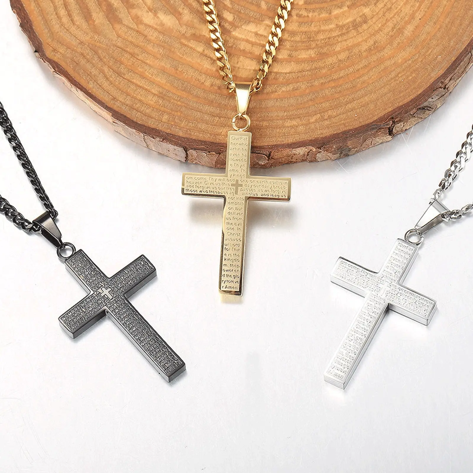 Men's Engraved Cross Medallion Pendant, Durable Stainless Steel Necklace in Gold, Silver, and Black for Daily Wear, Faith Necklace, Spiritual Jewelry, Long, Casual