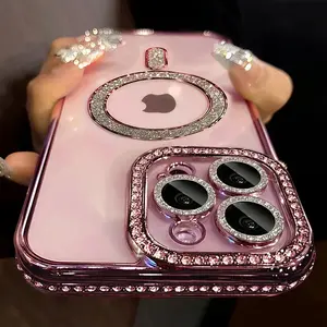 New Luxury Fashion Glitter Diamond Transparent Protective Cellphone Case for iPhone 17 16 15 14 Plus 13 12 11 Pro Max 17 Air Magnetic Wireless Charge Back Cover