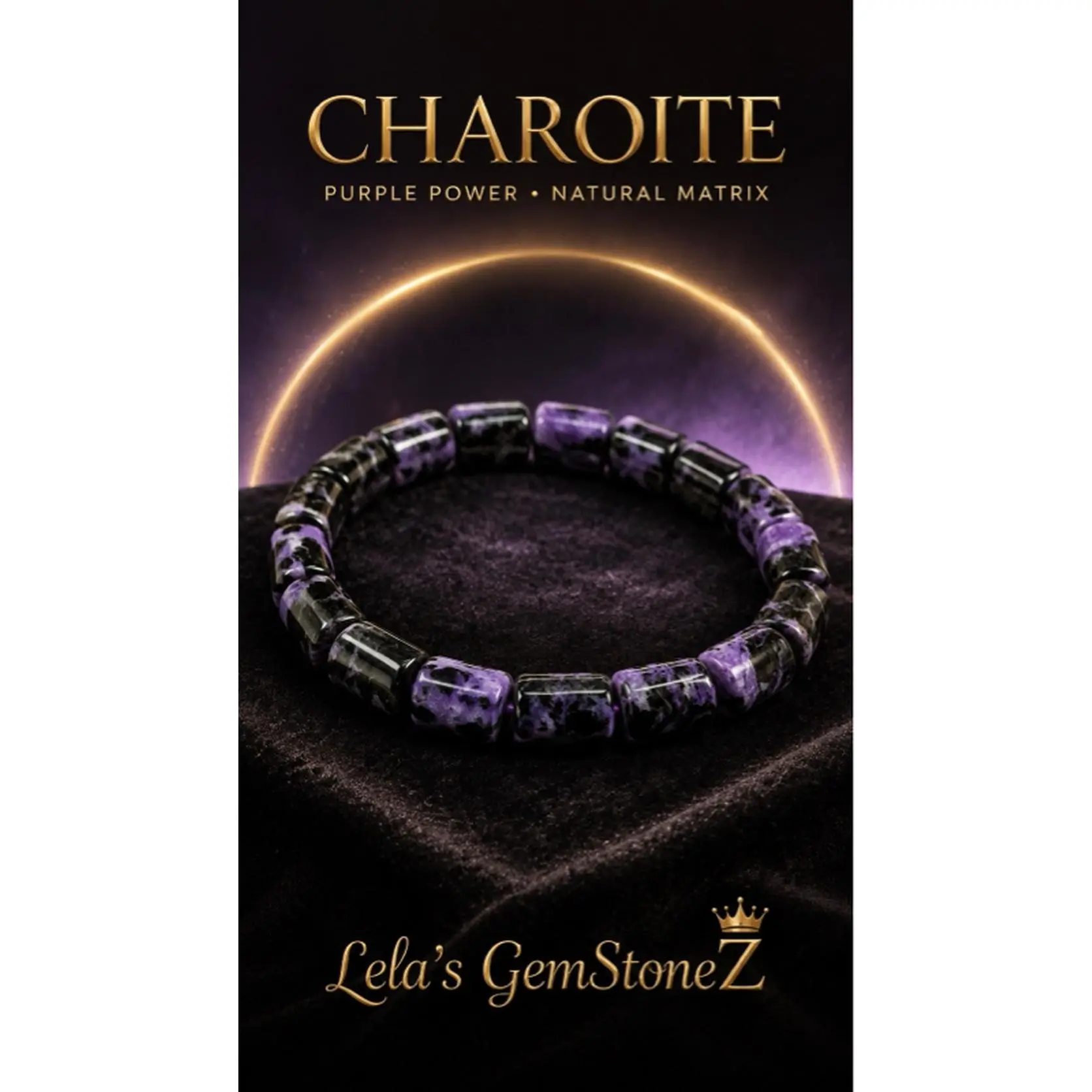 Lela's GemStoneZ Charoite Shadow Luxe Bracelet - Purple & Black Matrix, Polished Barrel Beads, Unisex, Stretch Design, Collector's Piece