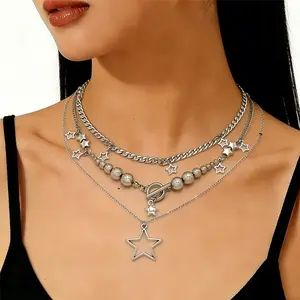 Layered Silver Star Choker Necklace for Women - 3-in-1 Stacked Chain with Star Charms, Grunge Y2K Aesthetic Jewelry for Daily & Party Wear