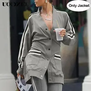 UOOZEE Women's Striped Long-Sleeve Fitted Button Jacket-Coat - 2025 Casual Outerwear with V-Neck, Raglan Sleeves, Color Block Design, Pockets, Thick Slim Comfortable Fabric (Springfashion; Only Top; 1 Size Up Recommended for C-Cup & Above)