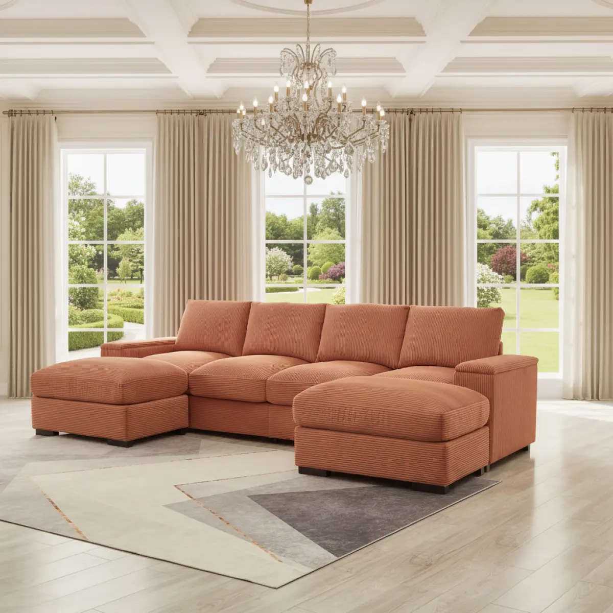 Aobtkel122"L Sectional Sofa Deep Seat Sofa Couch with Ottomans, Corduroy Sofa Sleeper for Living Room Modern, Small Space, Easy Assembly(4-Seat & 2-Ottoman,Orange)