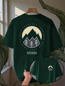 Minimalist Casual Style Unisex Short Sleeve T Shirt with Mountain and Tree Print for Daily Leisure and Street Fashion