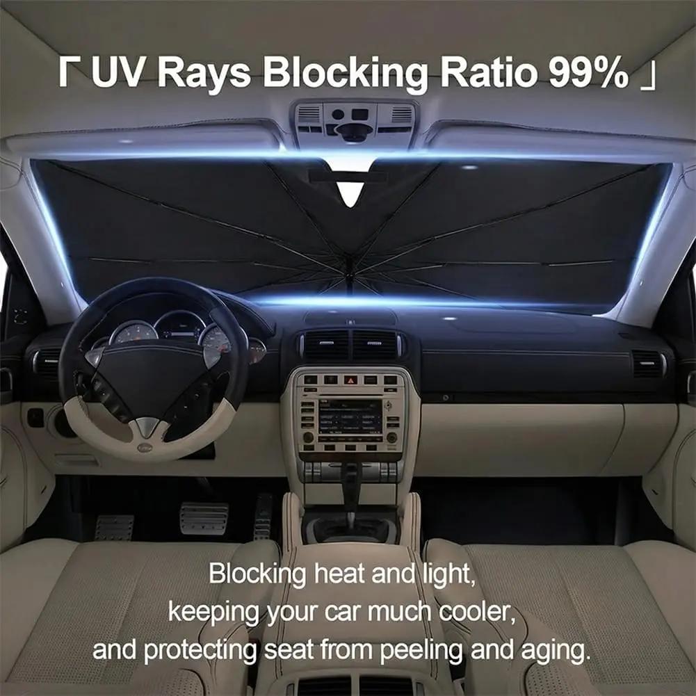 [Summervibes] 2026 Upgraded Car Windshield Sun Shade Umbrella with Pull Cord, Foldable Car Umbrella Sunshade with UV Block Car Front Window, Ten Strand Convex Umbrella Frame Retractable Sunscreen for Most Cars/SUV