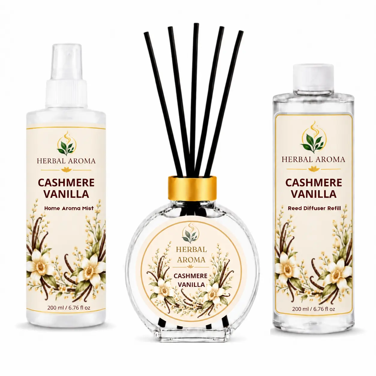 Herbal Aroma Cashmere Vanilla Home Fragrance Set, 3-Piece Reed Diffuser with 200 mL Refill and 200 mL Room Spray, 100 mL Diffuser